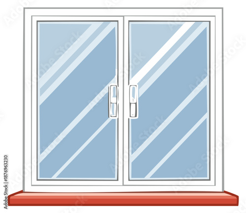 White Framed Windows with Red Window Sill, Reflective Glass Illustration