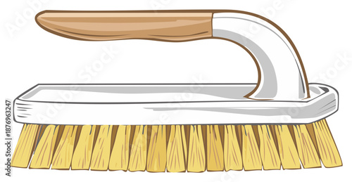 Illustration of a Scrubbing Brush with Wood Handle and White Frame for Cleaning or Household Chores
