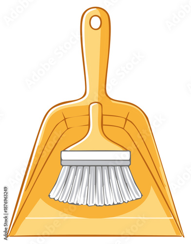 Yellow Dustpan with Brush Inside Illustration, Cartoon Style Cleaning Tool