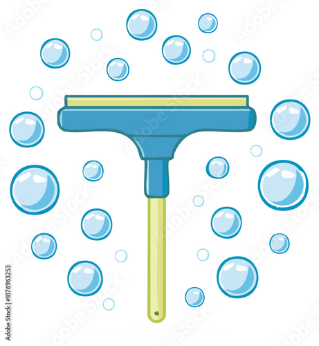 Window squeegee illustration with numerous clean soap bubbles for washing and spotless surfaces