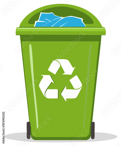 Vibrant green wheeled waste bin adorned with the universal recycling symbol and overflowing with blue discarded items