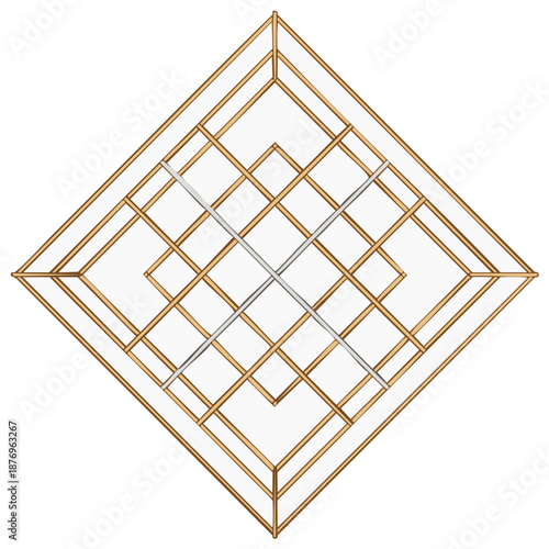 Geometric diamond structure with gold and silver intersecting lines.