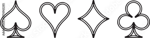 Playing card suits icon set. Casino black symbols. Vector illustration isolated on white. one line Art icon drawing vector