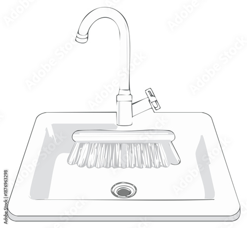 White Sink with Faucet and Brush Cleanliness Kitchen Illustration