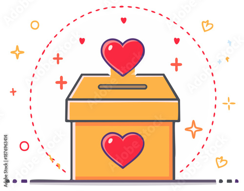 Illustration of a donation box with a heart on it and a heart dropping into the slot