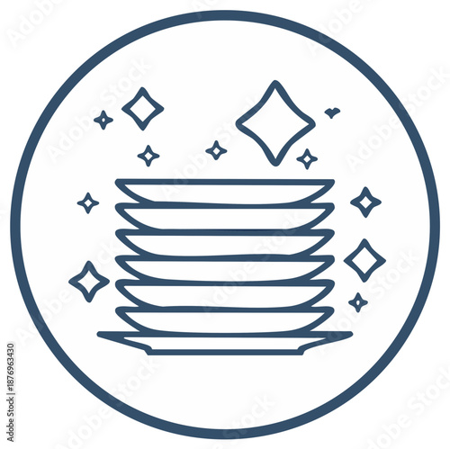 Clean dishes icon with a stack of sparkling plates in a simple line art style