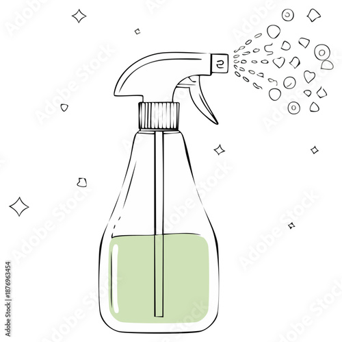 Spray Bottle with Green Liquid and Spray Mist Hand Drawn Vector Illustration