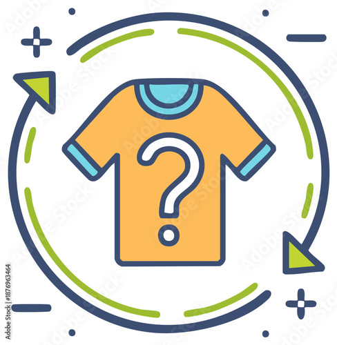 Clothing exchange and fashion query icon with T-shirt, question mark, and circular arrows