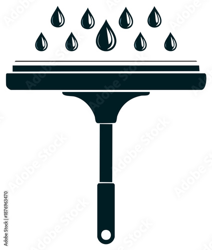 Minimalist graphic of a window squeegee wiping away falling water drops, a cleaning service vector icon