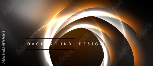 Abstract design features glowing concentric circles. Dark background contrasts bright orange, white, brown hues. Modern, dynamic composition.