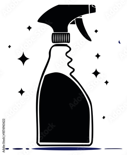 Black and white vector illustration of a cleaning spray bottle with shining sparkles for a clean effect
