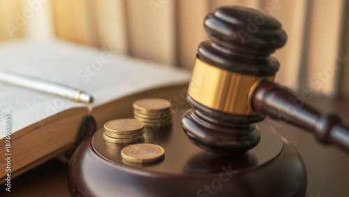 Gavel with Euro coins and open book on a wooden table, symbolizing justice and finance.