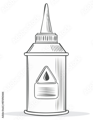 Illustration of a metal oil can with a long spout and warning symbol