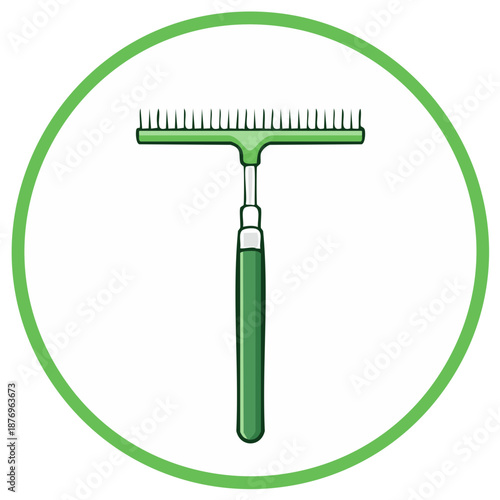 Green Grooming Rake Tool, Pet Care Implement inside a Green Circle, Veterinary Practice Equipment