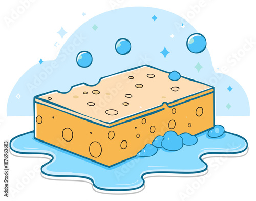 Yellow Sponge with Bubbles and Water for Cleaning and Washing