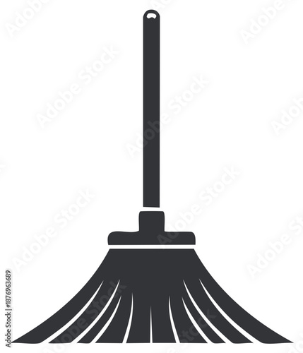 Isolated broom icon in dark gray with wooden handle and bristle head used for sweeping or cleaning