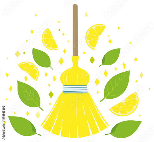 Bright yellow broom with fresh lemon slices and green leaves for natural cleaning