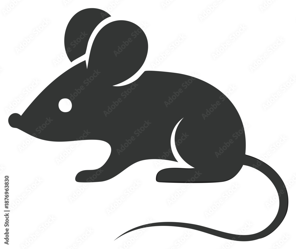 Obraz premium Stylized Dark Gray Mouse Vector Silhouette Illustration with Rounded Ears and Curving Tail for Graphic Design or Symbolism Use