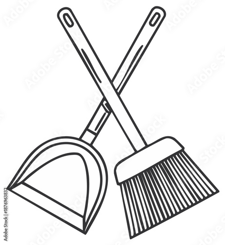 Broom and Dustpan Crossed Illustration Line Art Cleaning Supplies Household Chores