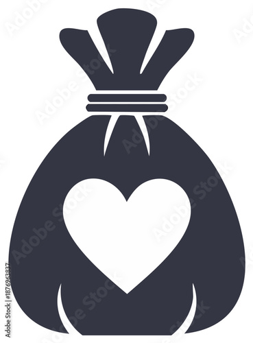 Tied sack or bag with white heart symbol for love giving and charitable concepts