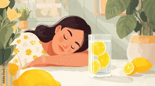 Restful Scene with Lemon Water in Calming Pastel Environment