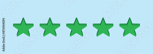 Five green 3D stars rating icon isolated on blue background. Vector illustration of realistic rank symbol for customer feedback, quality review, vote score or success sign.