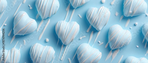 Blue Heart Marshmallows with White Chocolate Drizzle Background