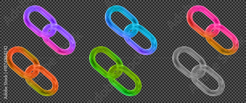 3d set glass transparent neon chain or link icon. Y2k style. Stock vector illustration on isolated background.	