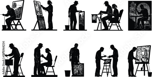 Artist painting on canvas in studio environment, painter silhouette creating artwork, creative artistic process, drawing and painting illustration with easel and tools