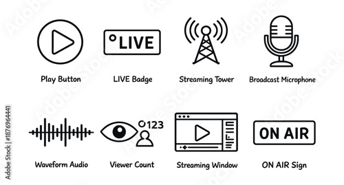 Broadcasting and streaming line icons set