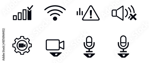 Technology and communication black and white line icons set