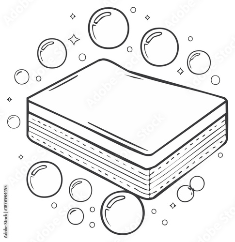 Black and white illustration of a soap bar and bubbles