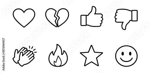 Simple line icons set: Hearts, Hands, Flame, Star, Smiley Face
