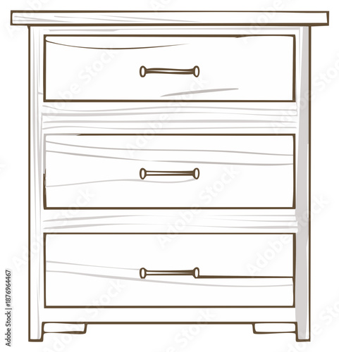 Sketch of a simple wooden three drawer dresser or nightstand with simple handles