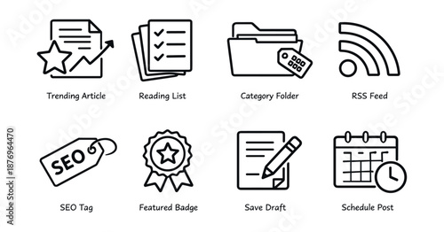 Digital publishing and management line icons set