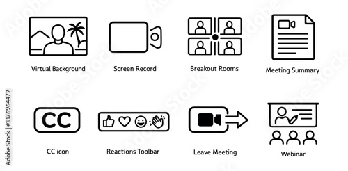 Online Meetings and Webinars Black and White Icons Set