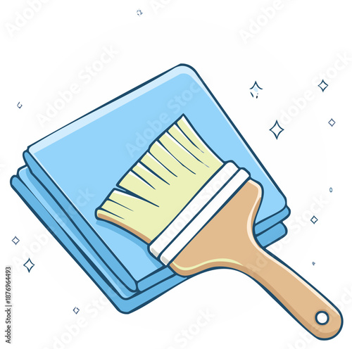Cartoon paintbrush and folded blue cloth with sparkles icon for cleaning and decorating projects