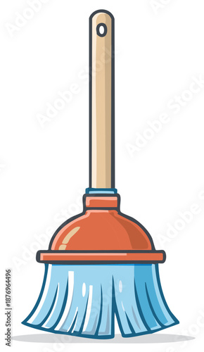 Plunger Illustration with Wooden Handle Bathroom Fixture Cartoon Style