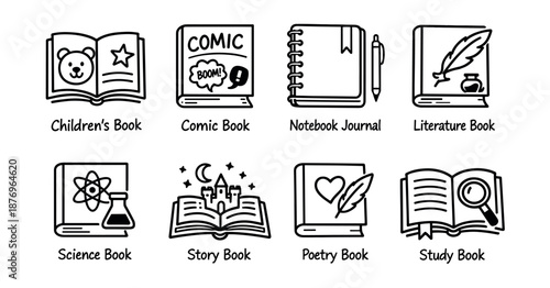 Book genre black and white icons set