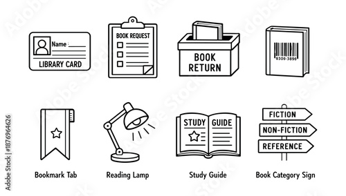 Library black and white line icons set