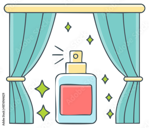 Perfume bottle spraying refreshing fragrance with decorative curtains and sparkles