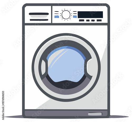 Cartoon-style washing machine illustration; front-loading washer for clothes cleaning.