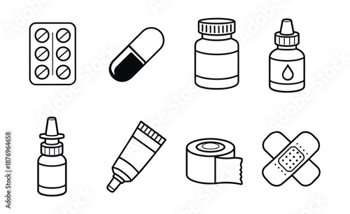 Medical supplies and medications line icons set