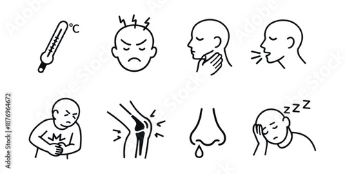 Physical symptoms and conditions line icons set