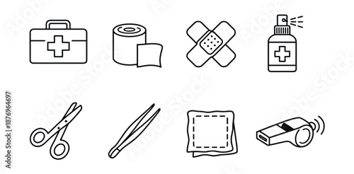 First aid and safety line icons set