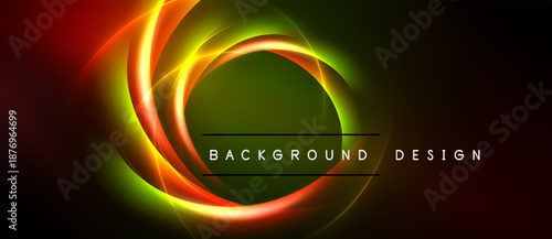 Abstract design features vibrant concentric circles. Colors blend from red, orange, yellow, green into dark background. Modern, dynamic composition.