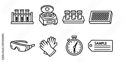 Laboratory equipment and safety line icons set