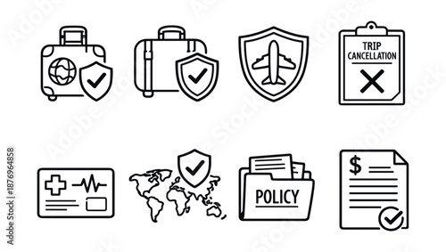 Travel insurance and services line icons set