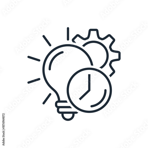 Clock, idea, solution. Timely creativity. Vector linear icon illustration isolated on white background.