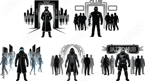 Cyberpunk futuristic characters at nightclub entrances, bodyguards and bouncers, sci-fi nightlife security, neon city nightlife, abstract comic style illustration